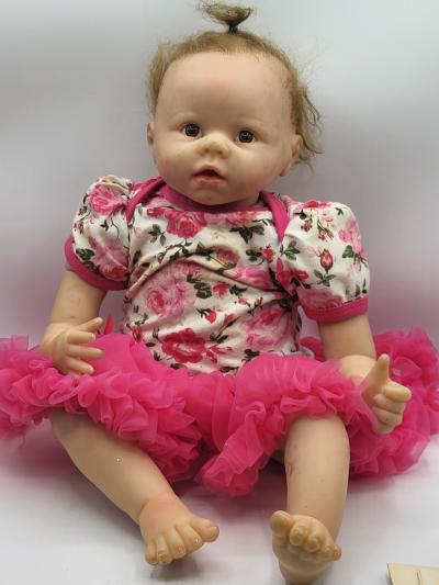 ZX   Poup�e B�b� R�aliste Vinyle Yeux Marron Robe Rose Tutu