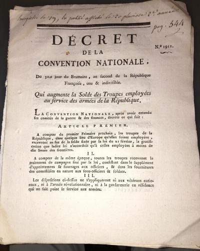 DOCUMENT DE 1793 SUR L AUGMENTATION DE LA (SOLDE) DES TROUPES .LIMOGES.