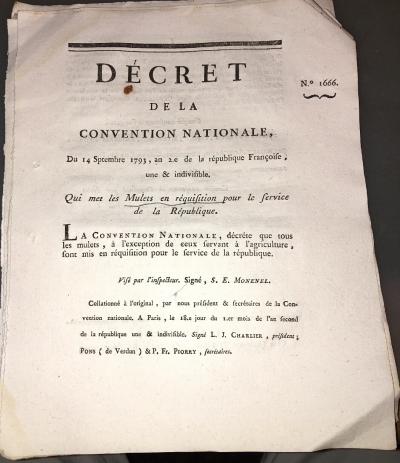 DOCUMENT DE 1793 SUR LA R�QUISITION DES MULETS .LIMOGES.