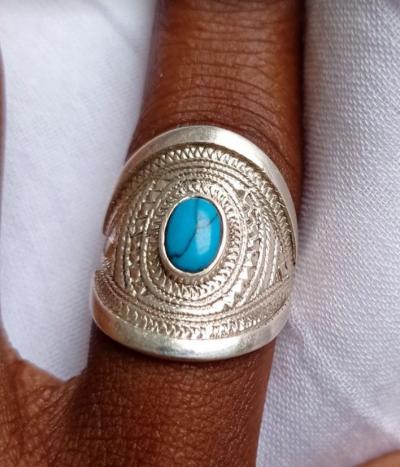 bague chevali�re  soleil argent massif 925 turquoise Afrique touareg Taille  58