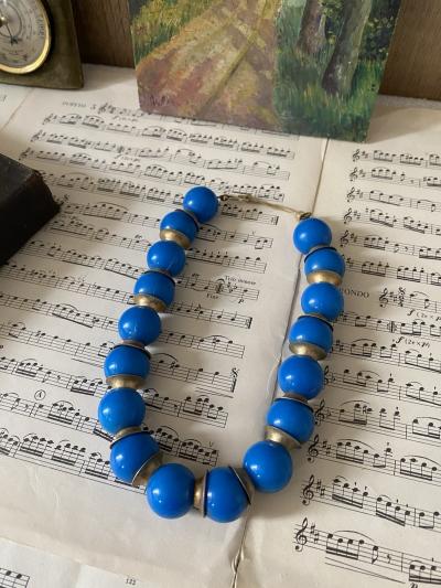Collier ras de cou fantaisie vintage perles bleues   bijou ancien r�tro 40 cm