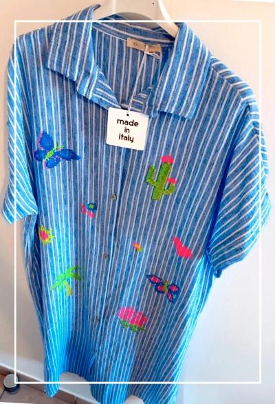 Robe chemise BLEU long boutonni�re fleuri motif lin viscose taille L  XL 125CM