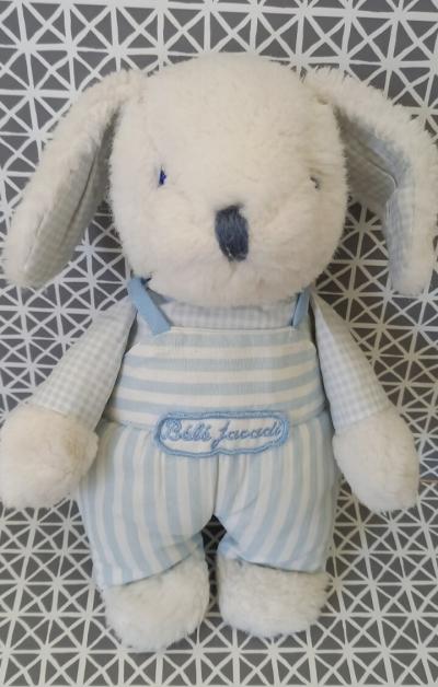 Doudou peluche lapin chien blanc salopette ray�e bleue blanc B�b� Jacadi 20 cm