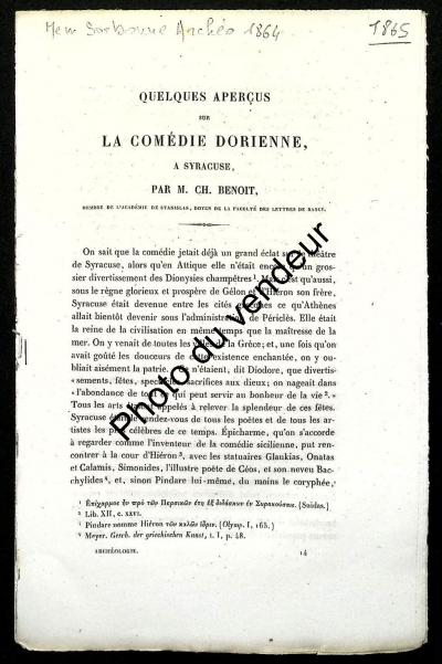 Histoire de la litt�rature et du th��tre: 1865. La com�die dorienne, � Syracuse