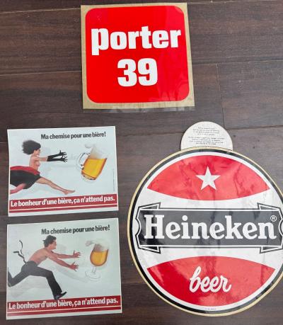 4 ancien sticker autocollant vintage 80 bi�re porter heineken no plaque �maill�e