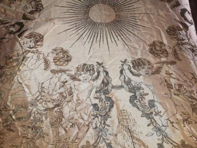 TENTURE RIDEAU DESSUS DE LIT TISSUS ANCIEN BAROQUE SOLEIL PUTTI COLOMBE