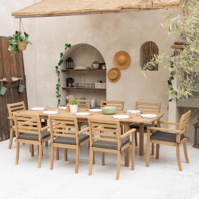 Salon de jardin extensible 180-240cm PADAR en acacia 8 places   coussins gris