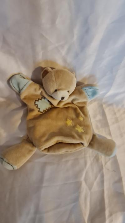 DOUDOU MARIONNETTE BEBE9 b�b� 9 OURS ECRU MARRON BEIGE BLEU TBE