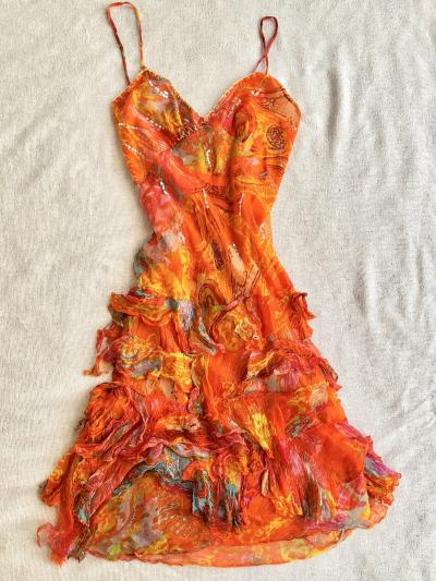 Vintage Fairycore Sequin Ruffle Mini Dress Orange Tropical Whimsical Boho Gown