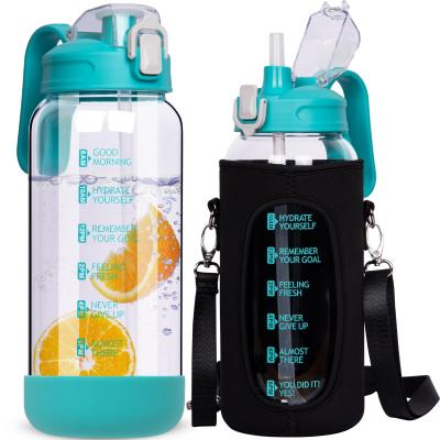 2l Gourde Verre Motivation avec Paille et Marqueur de Temps 2 litres grand