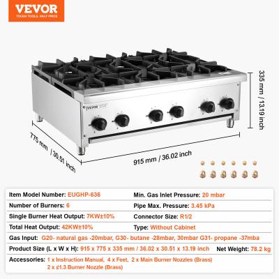 VEVOR Cuisini�re � Gaz Commerciale 6 Br�leurs Plaque De Cuisson De Comptoir
