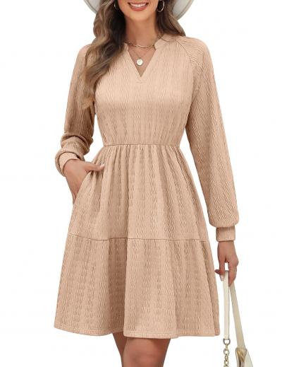 Robe Femme Chic et Elegant � Manches Longues Midi Robe Doux Col en V Taille