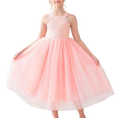 Robe Fille Rose Fleur Dentelle Licou Princesse Mariage Demoiselle d'honneur