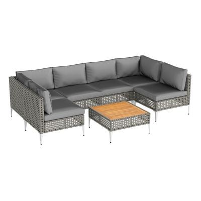 Salon de Jardin 7 Pi�ces Osier Rotin Mobilier Canap� Coussin & Table Basse Gris
