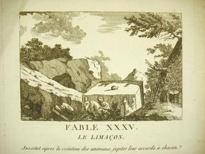Fable the Snail c 1800 cochlea story engraving print in the style of La Fontaine