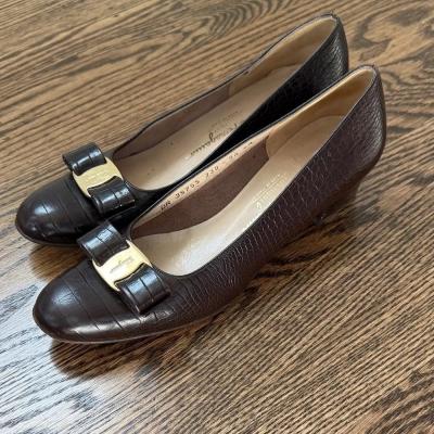 Salvatore Ferragamo Dark Brown Croc Embossed Heels