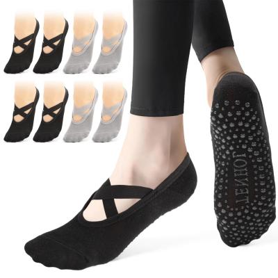 4 Paires Chaussettes Pilates Antid�rapantes Femme.Coton Yoga Chaussette Pilat...