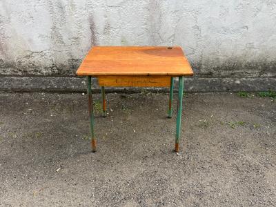 Bureau ecolier ancien bois et metal vert   trou encrier   vintage ecole
