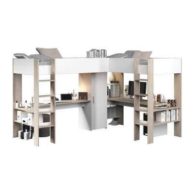 Lit double mezzanine combin� enfant ALEXANDRA avec 2 bureaux et rangements