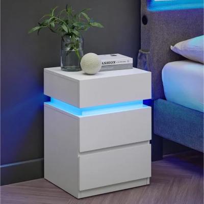Table de Chevet 3 Tiroirs LED Multicolore R�glable Moderne Blanc Chambre