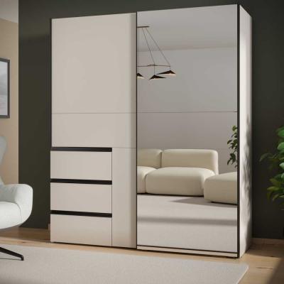 Armoire   2 portes coulissantes 3 tiroirs   D�cor Sable et miroir   L170,3 x