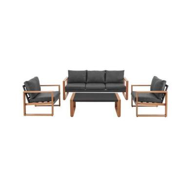Salon bas de jardin 5 personnes aluminium effet bois, avec coussins Gris