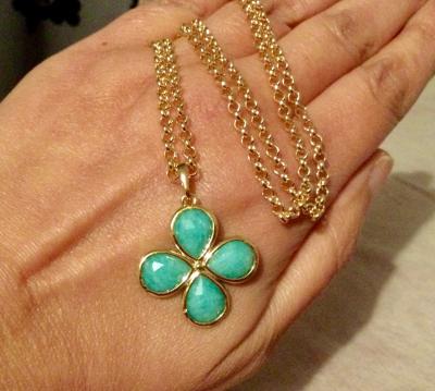 Beau Collier 50cm Plaqu� Or Pendentif Amazonite Cha�ne Maille Jaseron Lot Bijoux
