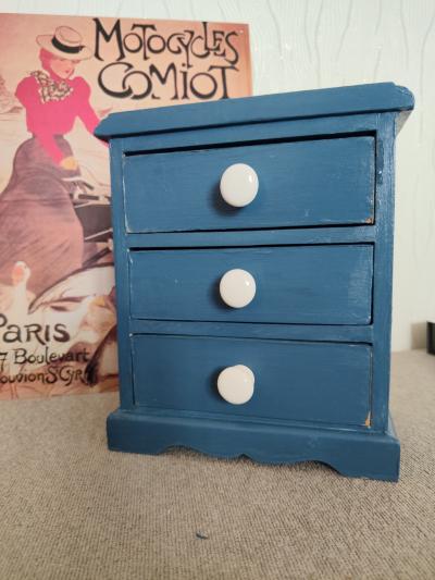 Mini Commode de Rangement Vintage   Petit Meuble 3 Tiroirs Bleu Canard & Blanc
