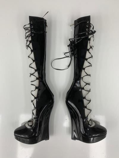 SLICK EXTREM boots 18cm lace Wedge 37 high heels Black leather PU pumps