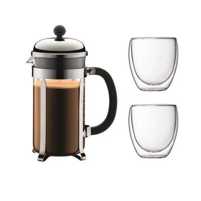 BODUM CHAMBORD Set cafetiere a piston   8 tasses   1L   Gris   Avec 2 verres
