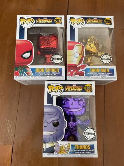 Pop Funko Avengers MCU Chrome  Iron Man #285 Spiderman #287 Thanos #289 exclu