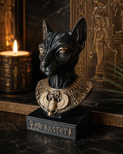 Statue Bastet Chat �gyptien Noir Or 20 cm D�coration �gypte Antique Luxe