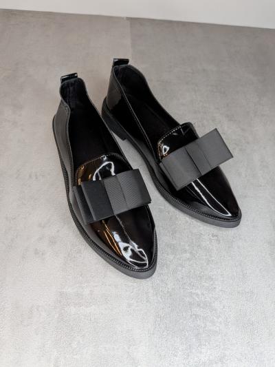 Moccassin Verni Vintage Brillant A Bout Pointu   Avec Noeud Papillon   Noir 40