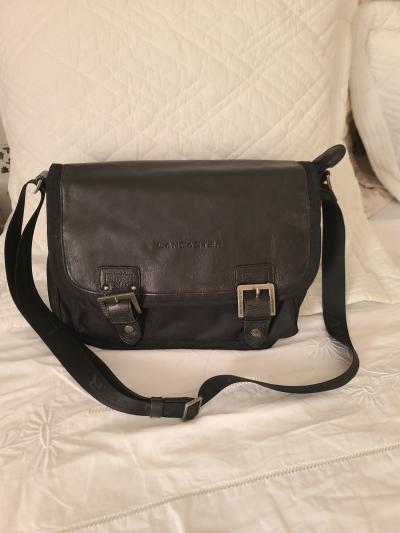SAC A MAIN BANDOULI�RE CARTABLE SACOCHE CUIR ET TOILE NOIR LANCASTER