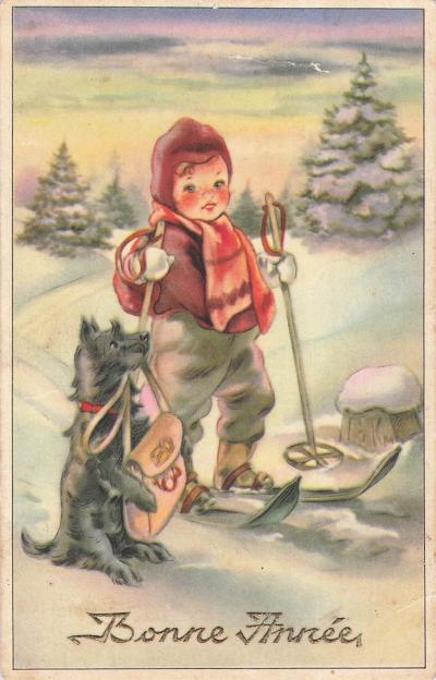 CP ILLUSTREE BONNE ANNEE ENFANT SKIEUR SKIS CHIEN SAC   61950