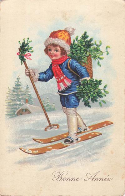 CP ILLUSTREE BONNE ANNEE ENFANT A SKIS SKIEUR HOTTE TREFLES GUI   61941