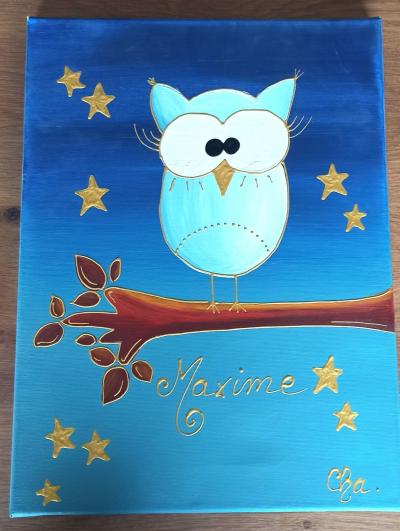 Tableau artisanal Hibou - Chouette pour d�corer la chambre d'un petit Maxime