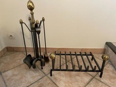 Serviteur de chemin�e 4 pi�ces avec boules en bronze   Porte b�ches