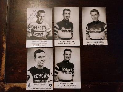 TOUR DE FRANCE EQUIPE ACBB MERCIER VERS 1957 4 CARTES 2 AUTOGRAPHES & ANQUETIL