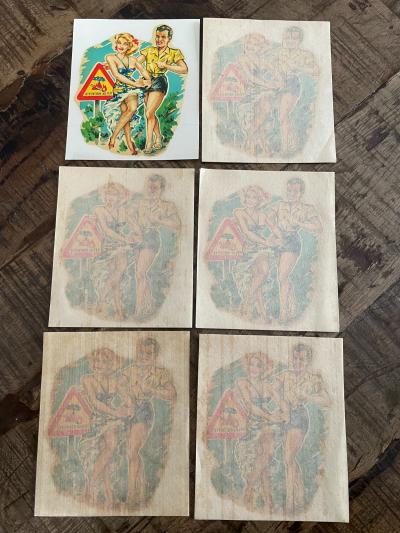 PIN UP EROTISME 5 AUTOCOLLANTS VINTAGE 1960 TRANSFERT ATTENTION AU FEU
