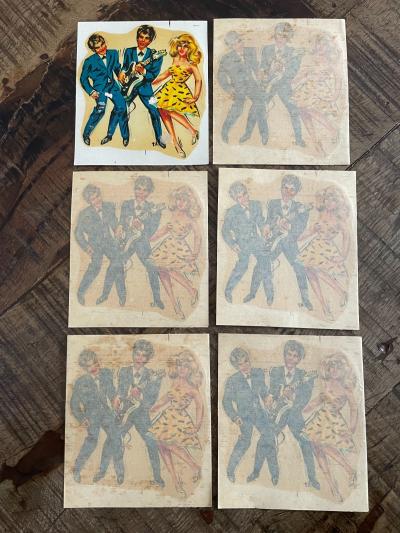 SALUT LES COPAINS 5 AUTOCOLLANTS VINTAGE YEYE SIXTIES SEVENTIES TRANSFERT