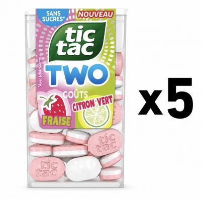 LOT DE5  TIC TAC TWO sans sucre duo fraise citron vert 5 x 38,5 g