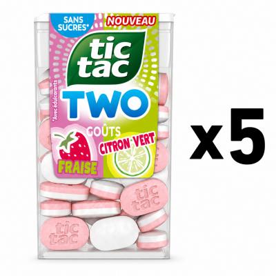 Lot de 5 bo�tes de TIC TAC TWO sans sucre Duo Fraise - Citron Vert  38,5 g x 5
