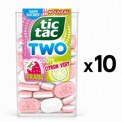Lot de 10 bo�tes de TIC TAC TWO sans sucre Duo Fraise - Citron Vert  38,5g x 10