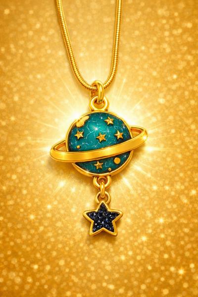 Collier plan�te or et turquoise   bijou c�leste femme, �clat dor� cr�pusculaire