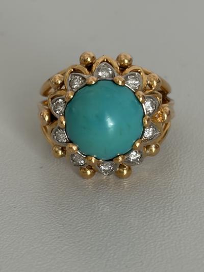 7602   Bague D�me Vintage Or Jaune Turquoise Diamants
