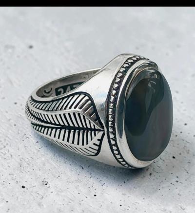 Bague Artisanale Argent 990 Massif Agate Y�m�nite Aqeeq Sign�e Aref 26.75g T62
