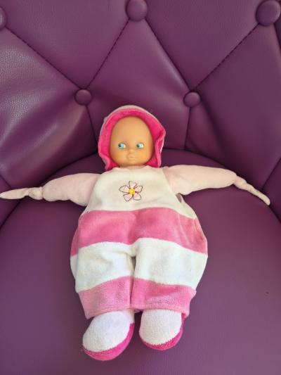 DOUDOU NOUNOURS POUPEE BEBE ROSE RAYE BLANC FLEUR BONNET 30 cm EXCELLENT ETAT