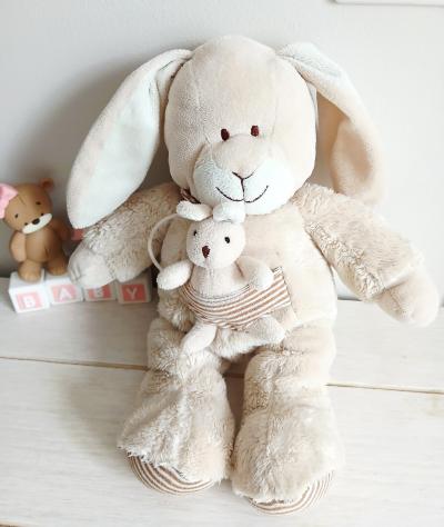Nicotoy Peluche doudou lapin et b�b� beige �cru marron ray� 33 cm