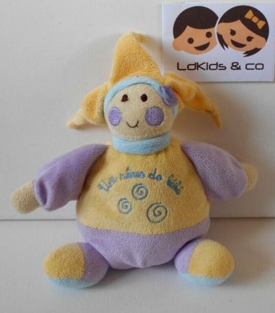 Doudou Lutin UN REVE DE BEBE CMP Mauve - Jaune - Bleu Tourbillons 18 cm D641